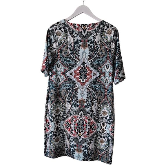 Chico's White Green Multi Keyhole Neckline Paisley Print Knit Jersey Dress -Sz 8 - Picture 2 of 7